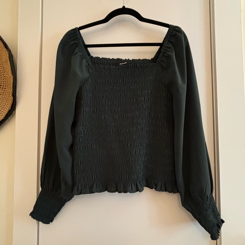 Madewell, dark green rouched long sleeve blouse, size L